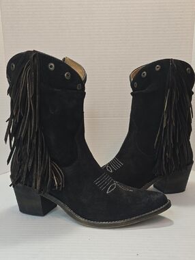 Corral Circle G Women's 8" Black Slouch & Embroidery & Fringes  Boots
